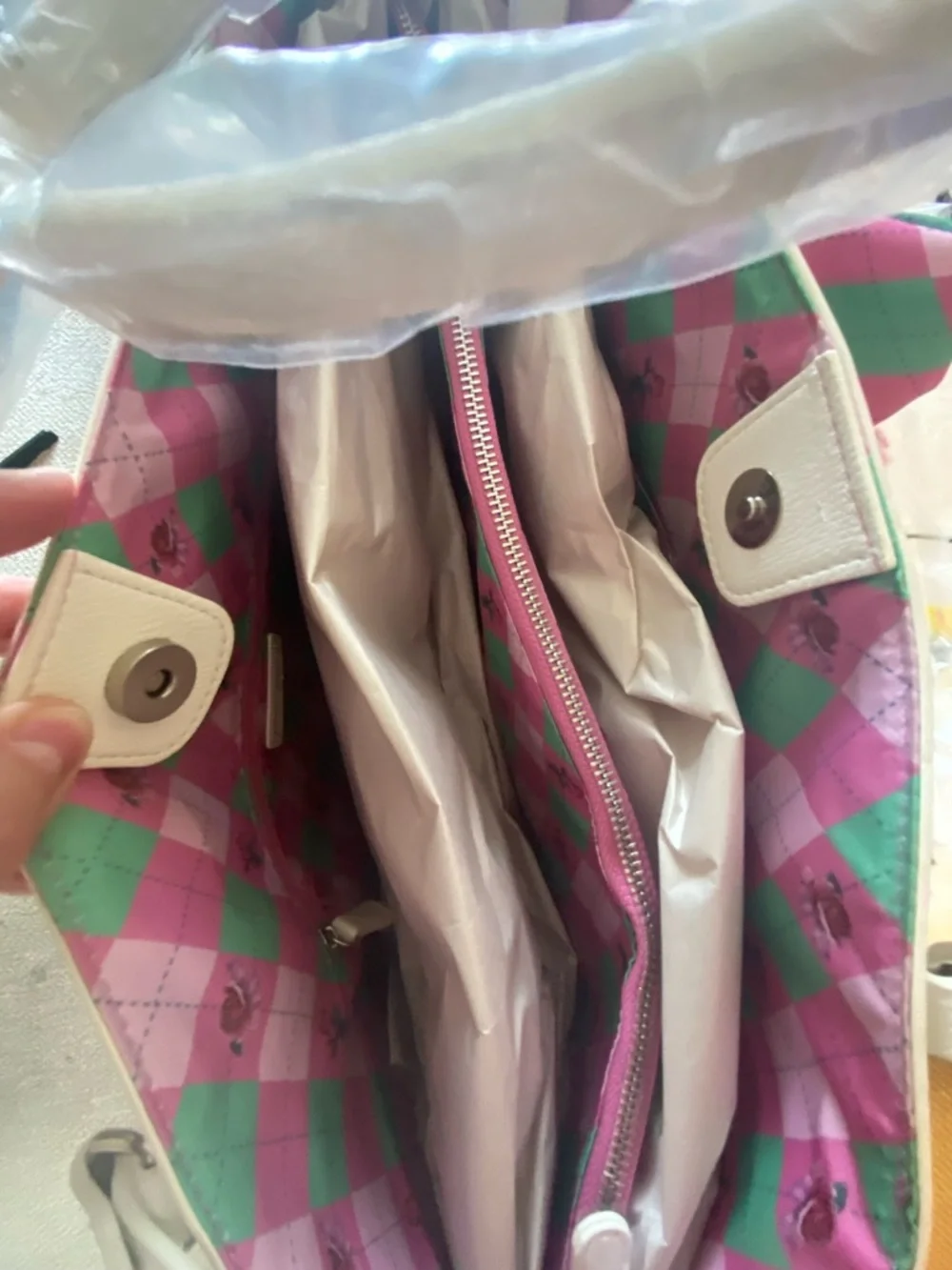 Betsey Johnson White Floral Tote with Pink & Green Scarf Accent - Picture 7 of 8